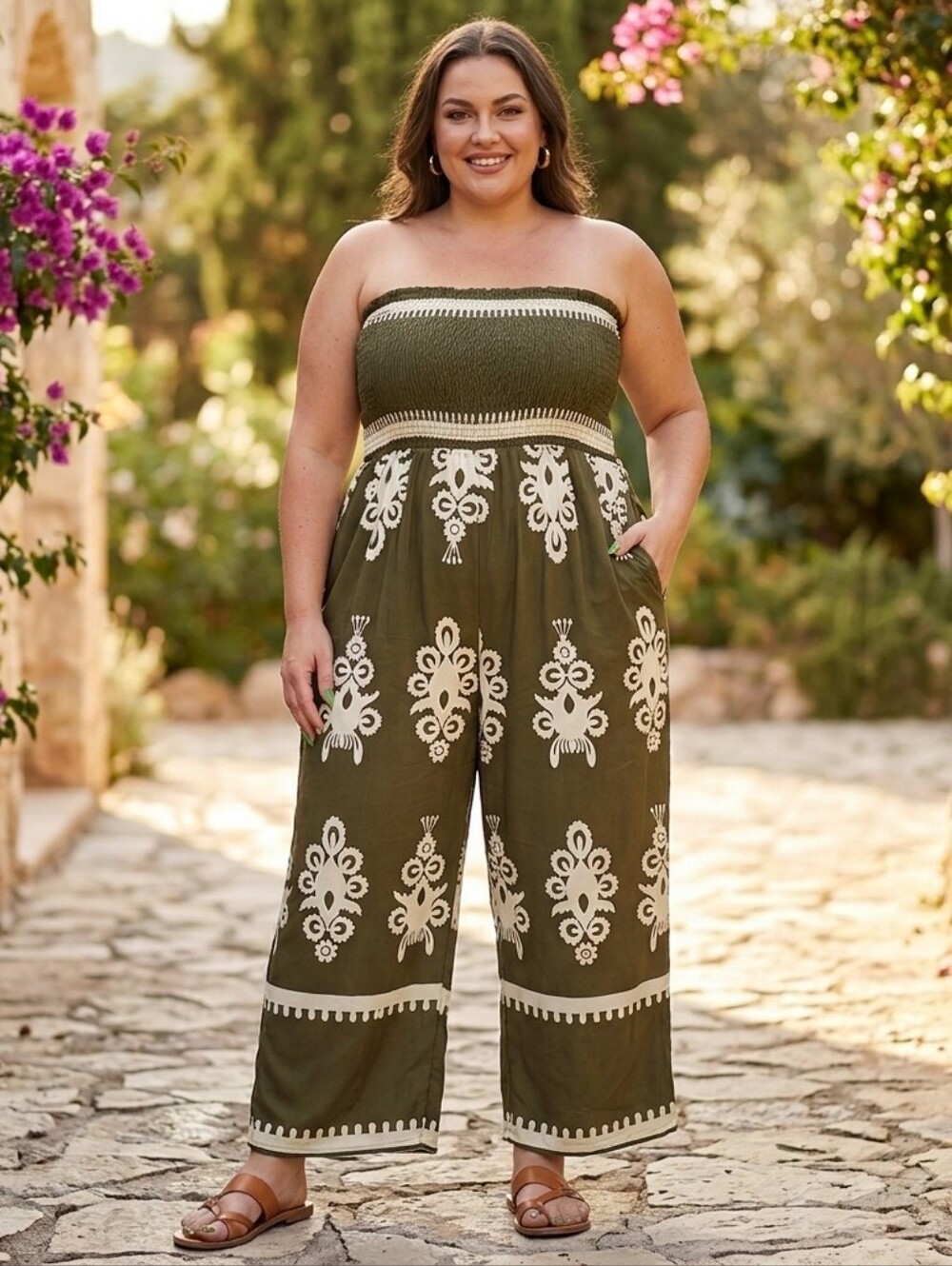PRETTYGARDEN Jumpsuit XXL NWT Olive Green Boho Smocked Strapless Wide Leg Pocket